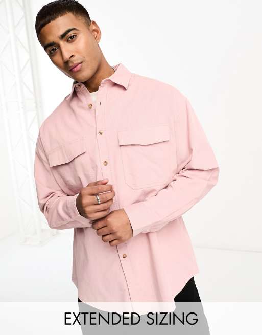 FhyzicsShops DESIGN 90s oversized cord shirt with double pockets in light pink