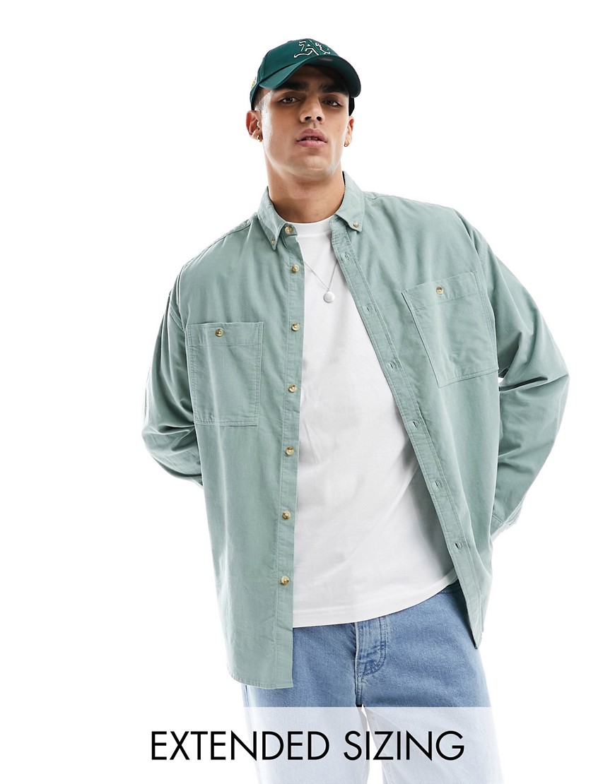 Asos Design 90s Oversized Cord Shirt With Double Pockets In Sage Green