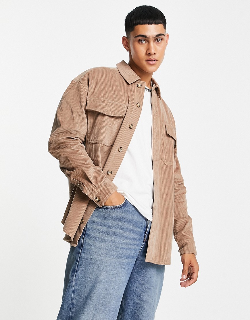 ASOS DESIGN 90s oversized cord shirt with double pockets in taupe-Brown