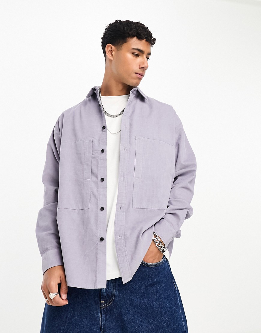 ASOS DESIGN 90s oversized cord shirt with oversized double side entrance pockets in lilac-Purple