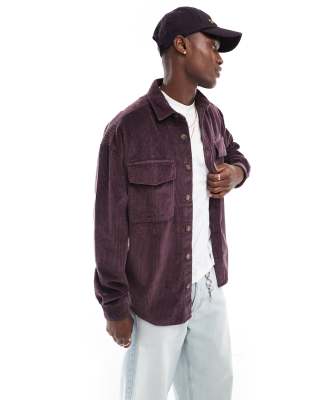 ASOS DESIGN 90s oversized cord shirt with patch pocket in dark plum-Red