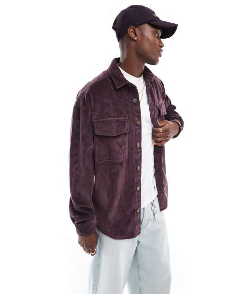 ASOS DESIGN 90s oversized cord shirt with patch pocket in dark plum - view 1