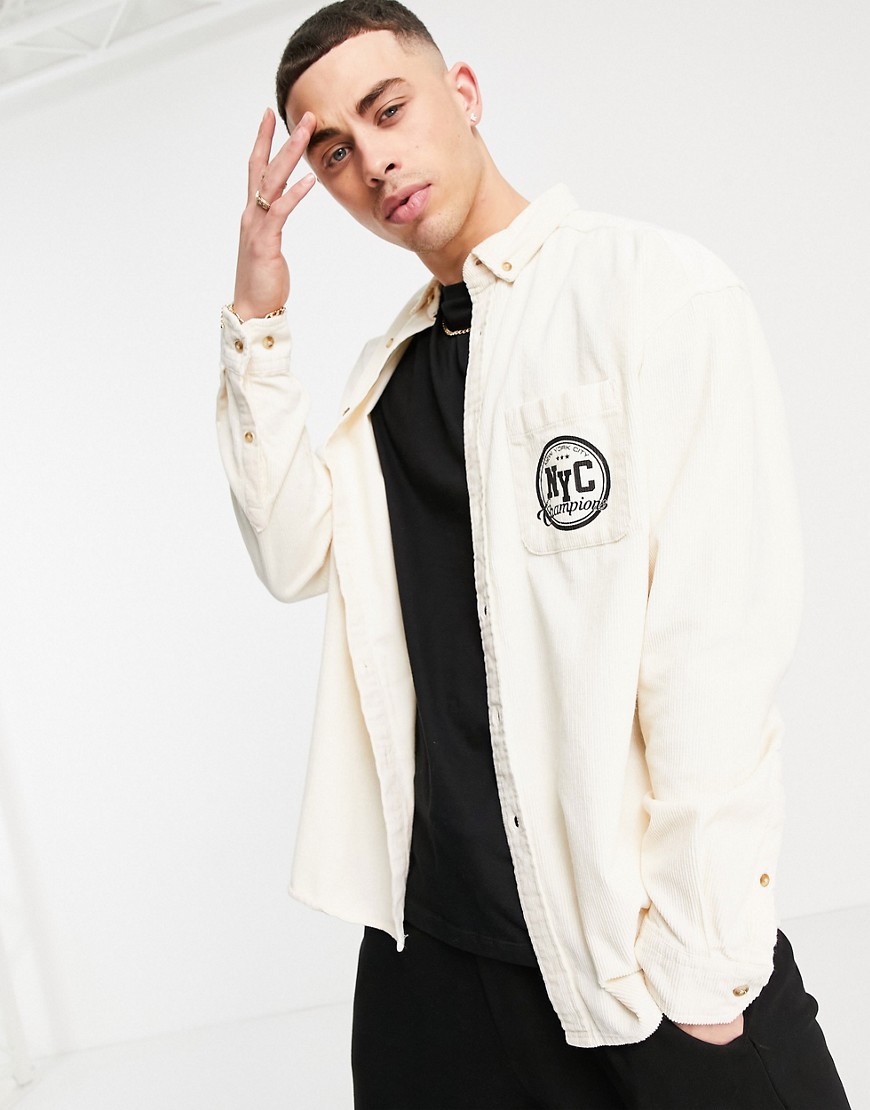 ASOS DESIGN 90s oversized corduroy shirt in ecru with NYC embroidery-Neutral