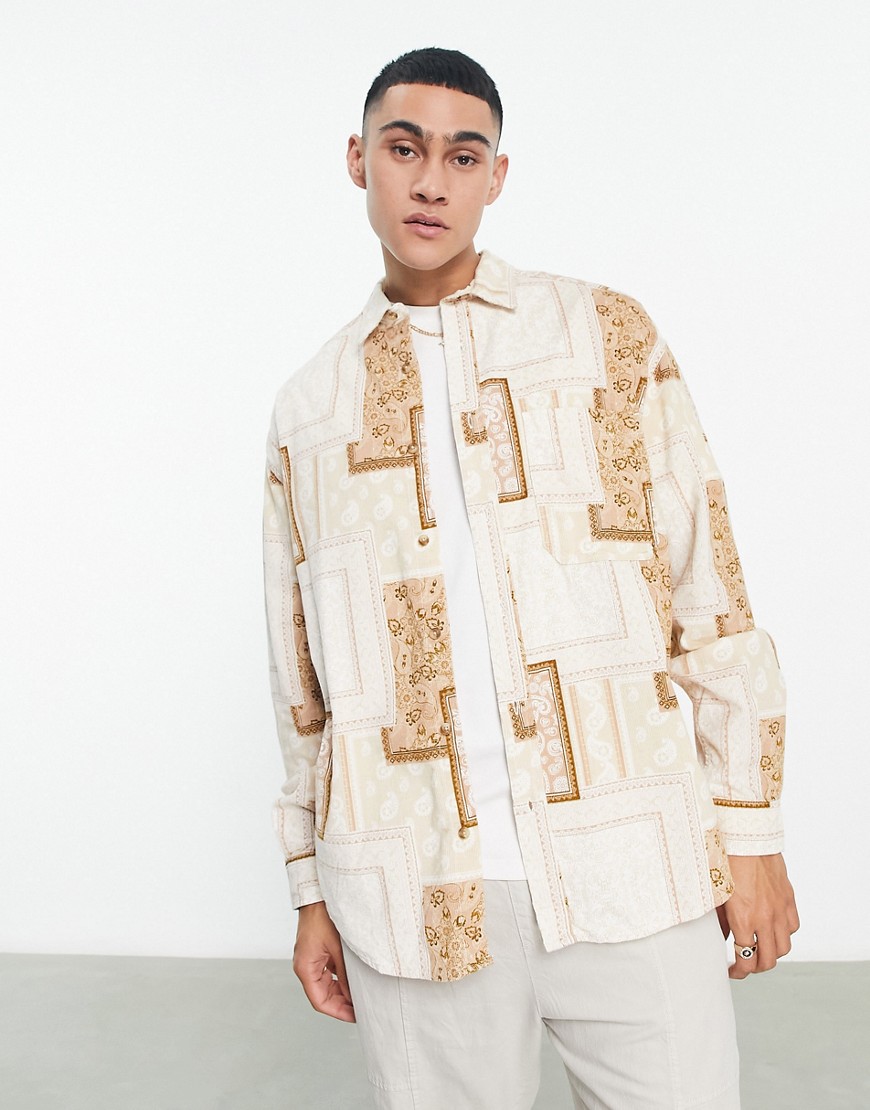 ASOS DESIGN 90s oversized corduroy shirt in paisley bandana print-Neutral