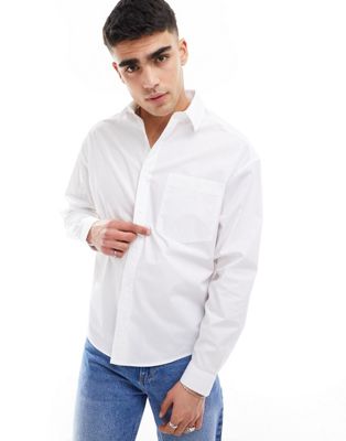 Asos Design 90s Oversized Cotton Poplin Shirt With Curved Hem In White