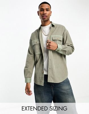 ASOS DESIGN 90s oversized cut and sew cord and twill shirt in khaki