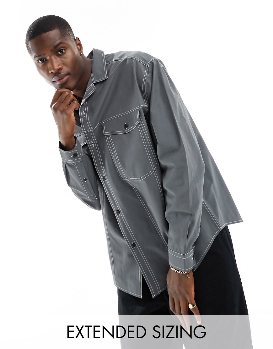 Asos Design 90s Oversized Deep Revere Cotton Poplin Shirt With Contrast Stitch In Gray