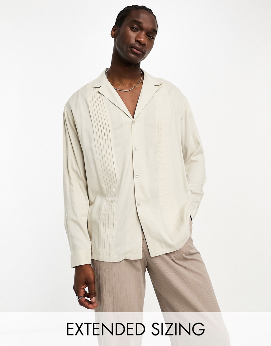 ASOS DESIGN 90's oversized deep revere viscose shirt with pleated front in stone-Neutral