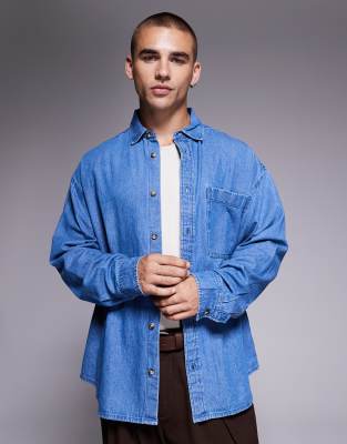 Asos Design 90s Oversized Denim Shirt In Blue