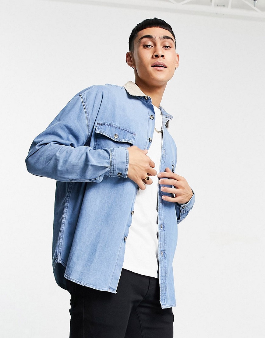 ASOS DESIGN 90s oversized denim shirt in mid wash with cord collar-Blues