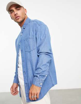 ASOS DESIGN 90s oversized denim shirt in vintage mid wash-Blues