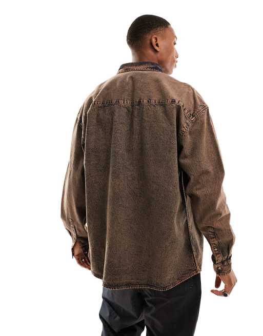 ASOS DESIGN 90s oversized denim shirt with double pockets in orange dirty wash, 3 of 4