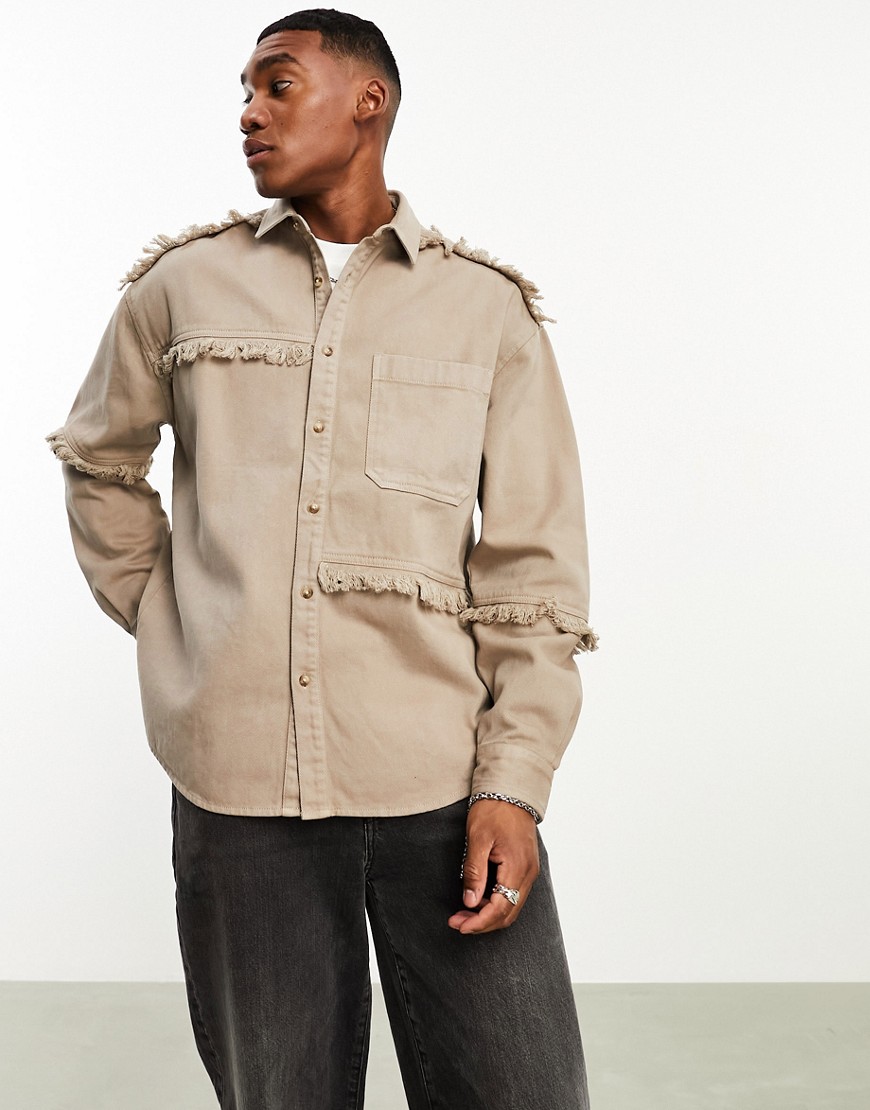 ASOS DESIGN 90s oversized denim shirt with raw edge seams in taupe-Neutral
