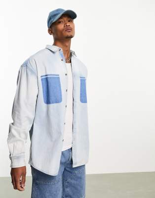 ASOS DESIGN 90s oversized denim shirt with removed pockts in bleach wash-Blue