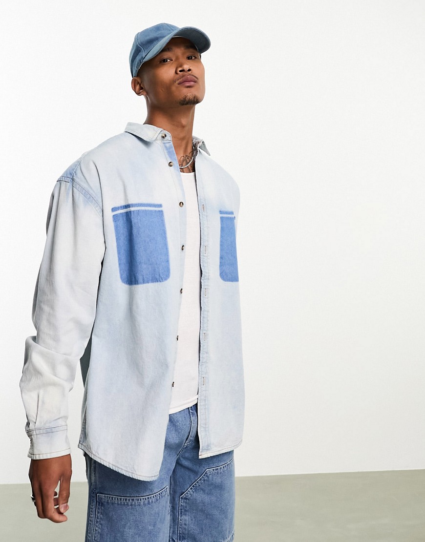 ASOS DESIGN 90’s oversized denim shirt with removed pockets in bleach wash-Blue