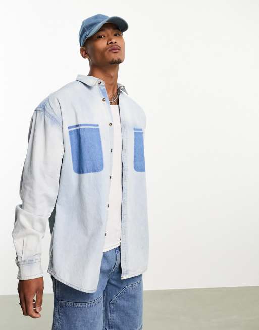 ASOS DESIGN 90's oversized denim shirt with removed pockets in bleach ...