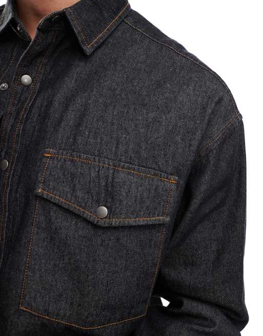 ASOS DESIGN 90s oversized denim shirt with western pocket in black , 3 of 4