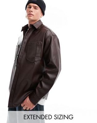 Asos Design 90s Oversized Faux Leather Shirt In Brown