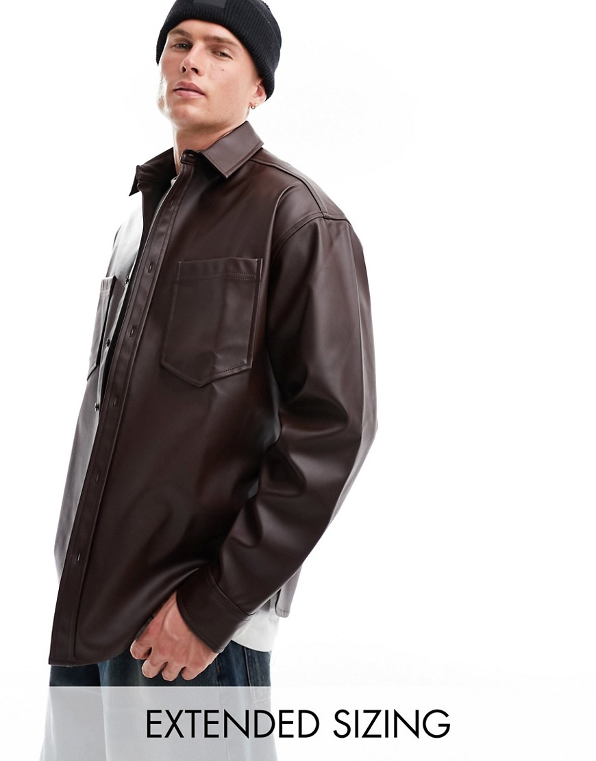 Asos Design 90s Oversized Faux Leather Shirt In Brown