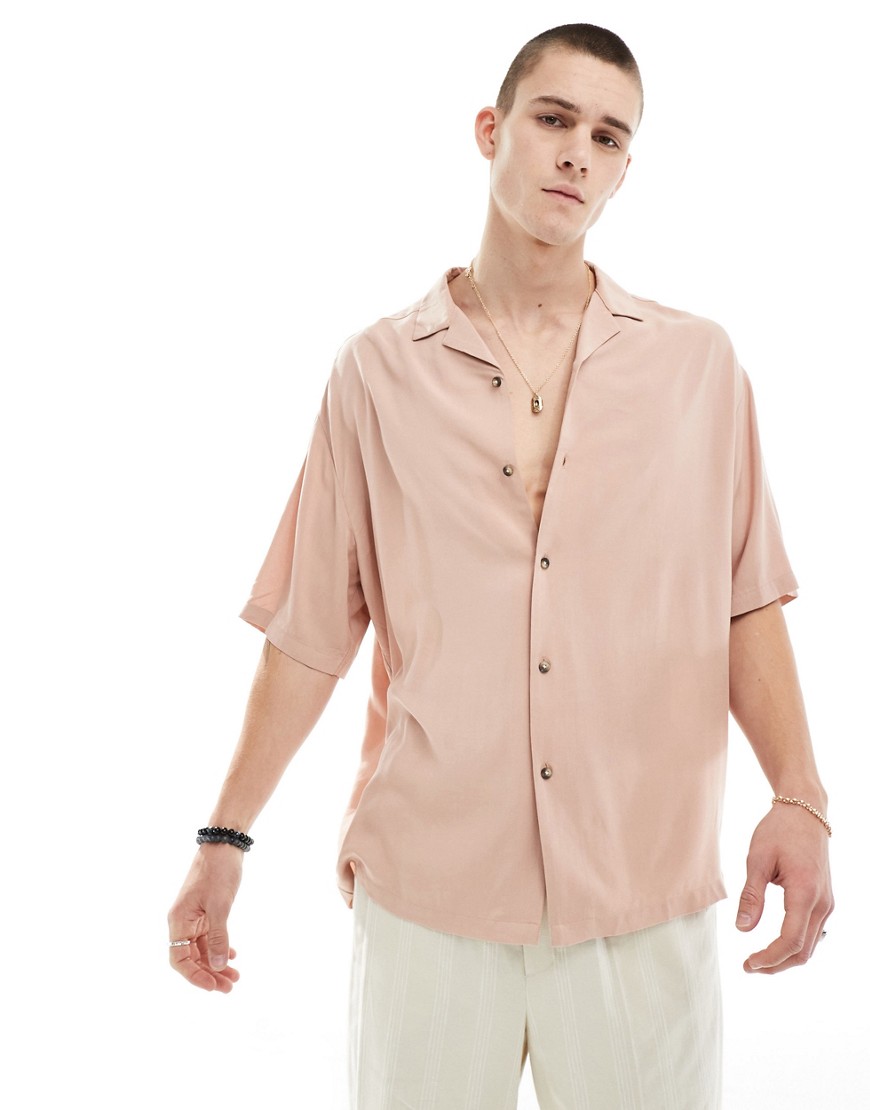 Asos Design 90s Oversized Fit Viscose Shirt With Revere Collar In Dusty Pink-neutral