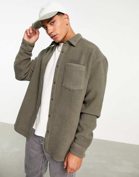 ASOS DESIGN 90s oversized fleece shirt in khaki - view 1