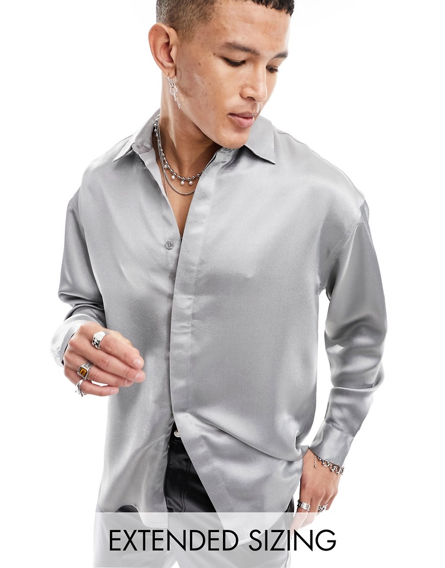 ASOS DESIGN 90s oversized heavy satin shirt with concealed placket in silver