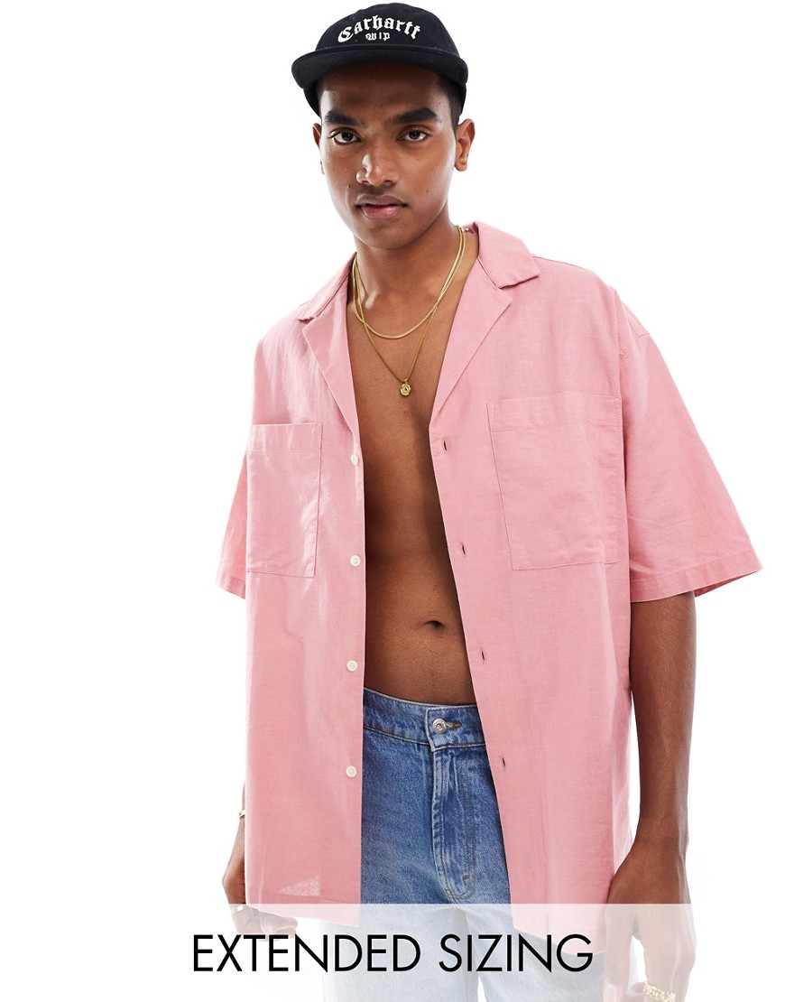 Asos Design 90s Oversized Linen Blend Shirt With Deep Camp Collar In Pink