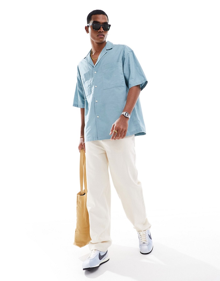 Asos Design 90s Oversized Linen Blend Shirt With Deep Camp Collar In Teal Blue