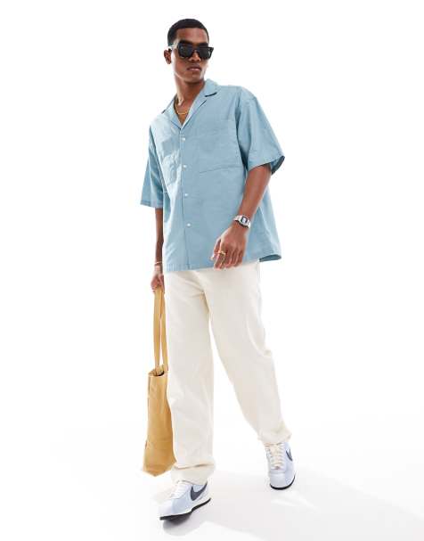 ASOS DESIGN 90s oversized linen blend shirt with deep revere collar in teal blue - view 1