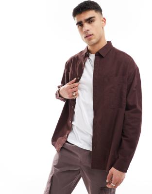 ASOS DESIGN 90s oversized linen blend shirt with square collar in brown