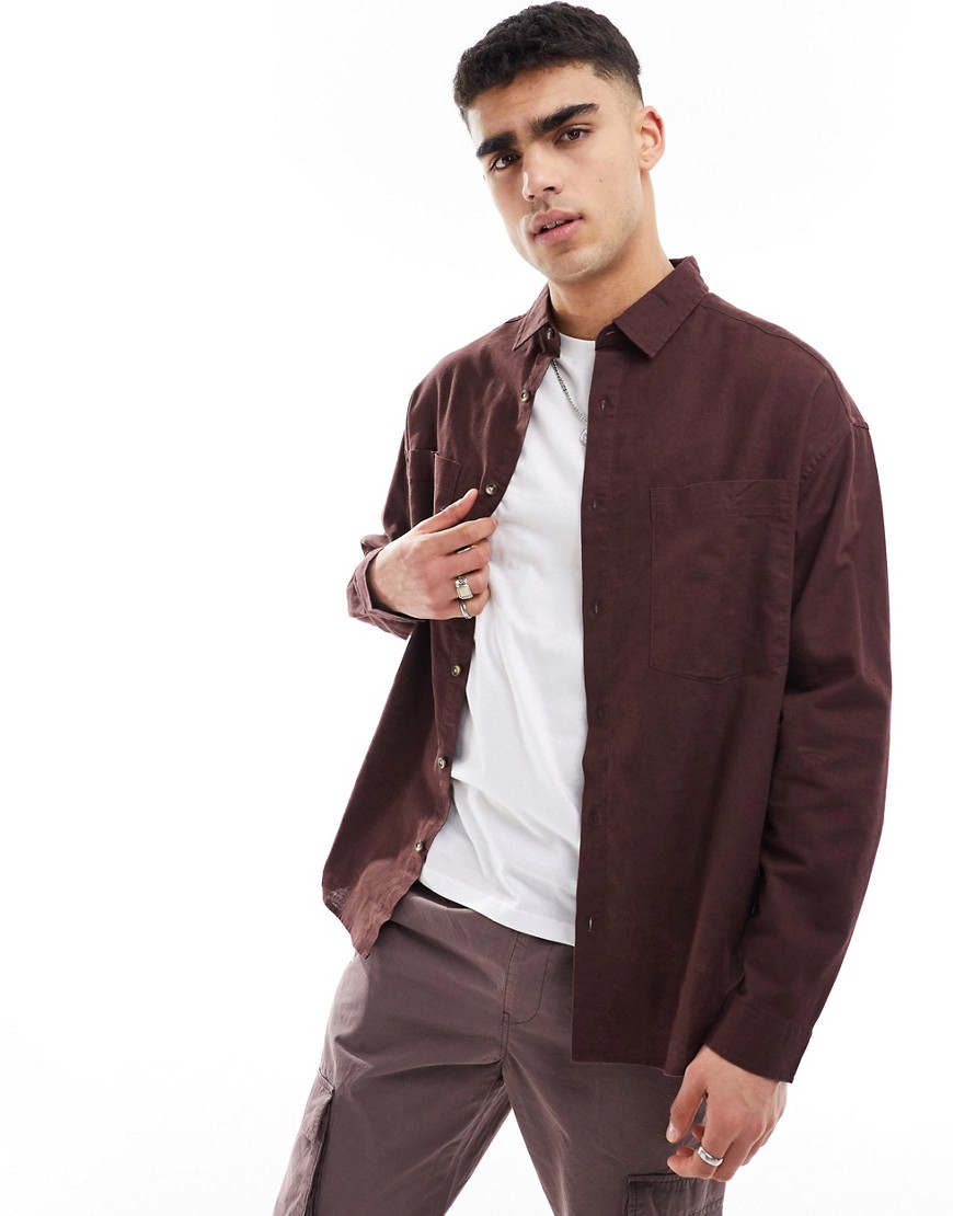 Asos Design 90s Oversized Linen Blend Shirt With Square Collar In Brown