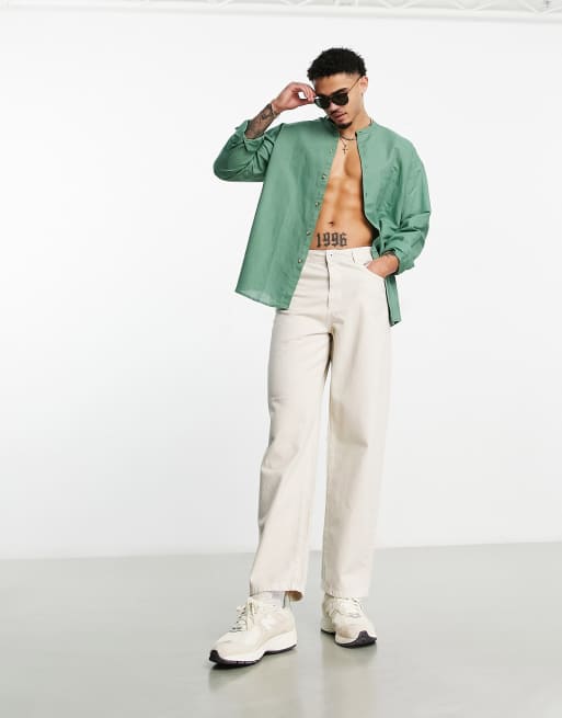 ASOS DESIGN 90s oversized linen mix band collar shirt in khaki, 4 of 4