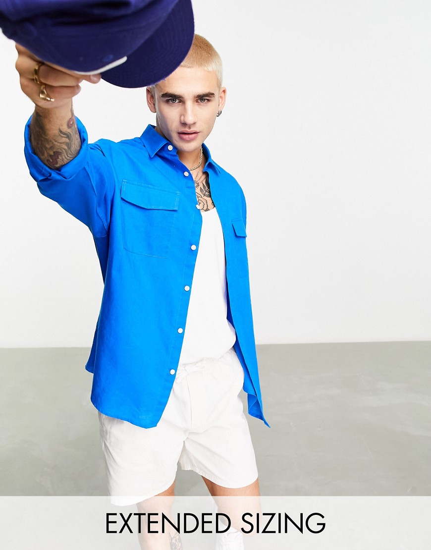 ASOS DESIGN 90s oversized linen mix double pocket shirt in bold blue