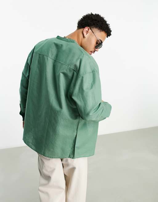 ASOS DESIGN 90s oversized linen mix grandad collar shirt in khaki, 2 of 4