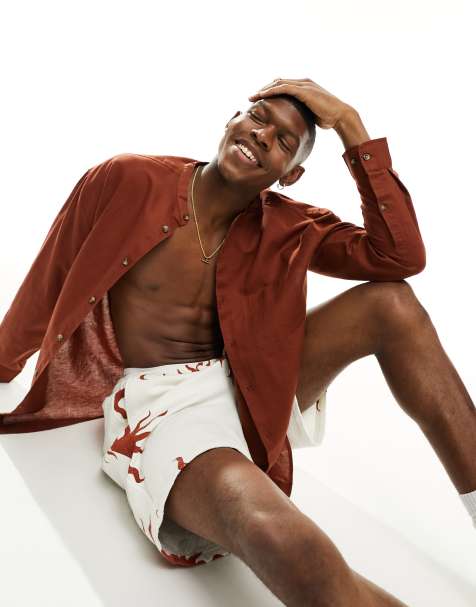 ASOS DESIGN 90s oversized linen mix shirt with grandad collar in rust - view 1