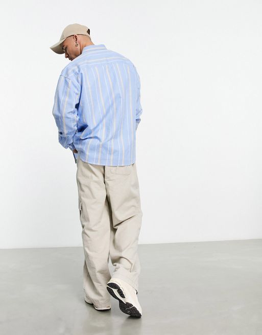 ASOS Design 90s Oversized Linen Mix Stripe Shirt in Blue
