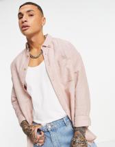 ASOS DESIGN regular smart linen shirt with mandarin collar in pink