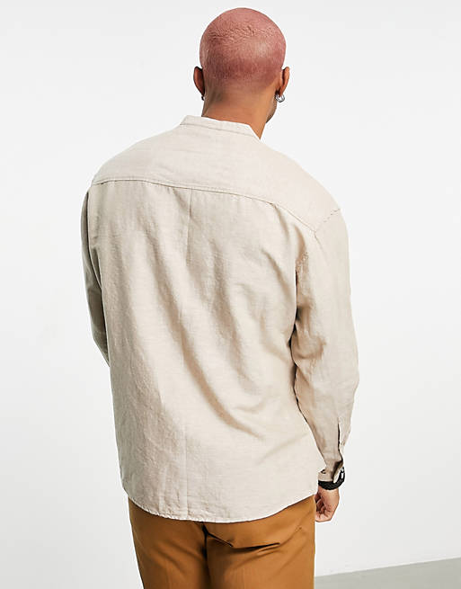 ASOS DESIGN 90s oversized linen shirt with grandad collar in stone 