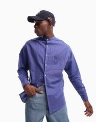 Asos Design 90s Oversized Linen Shirt With Grandad Neck In Blue