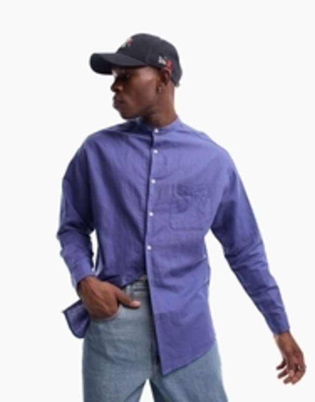 ASOS DESIGN 90s oversized linen shirt with grandad neck in blue