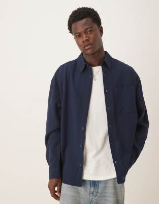 Asos Design 90s Oversized Long Sleeve Shirt With Chest Pocket In Blue
