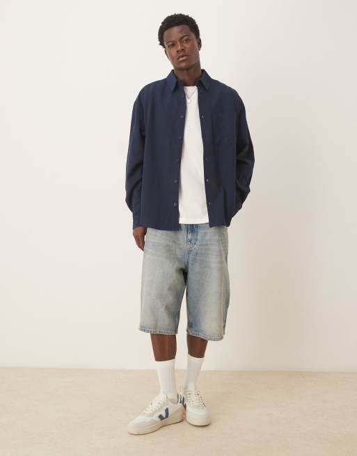 ASOS DESIGN 90s oversized long sleeve with chest pocket in navy, 2 of 5