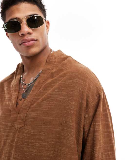 ASOS DESIGN 90s oversized overhead shirt in brown, 3 of 4