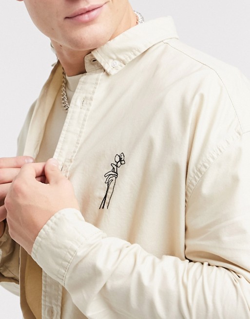 ASOS DESIGN 90s oversized oxford shirt with embroidery chest logo in stone