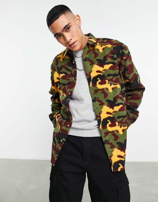 ASOS DESIGN 90s oversized polar fleece overshirt in brown camouflage print