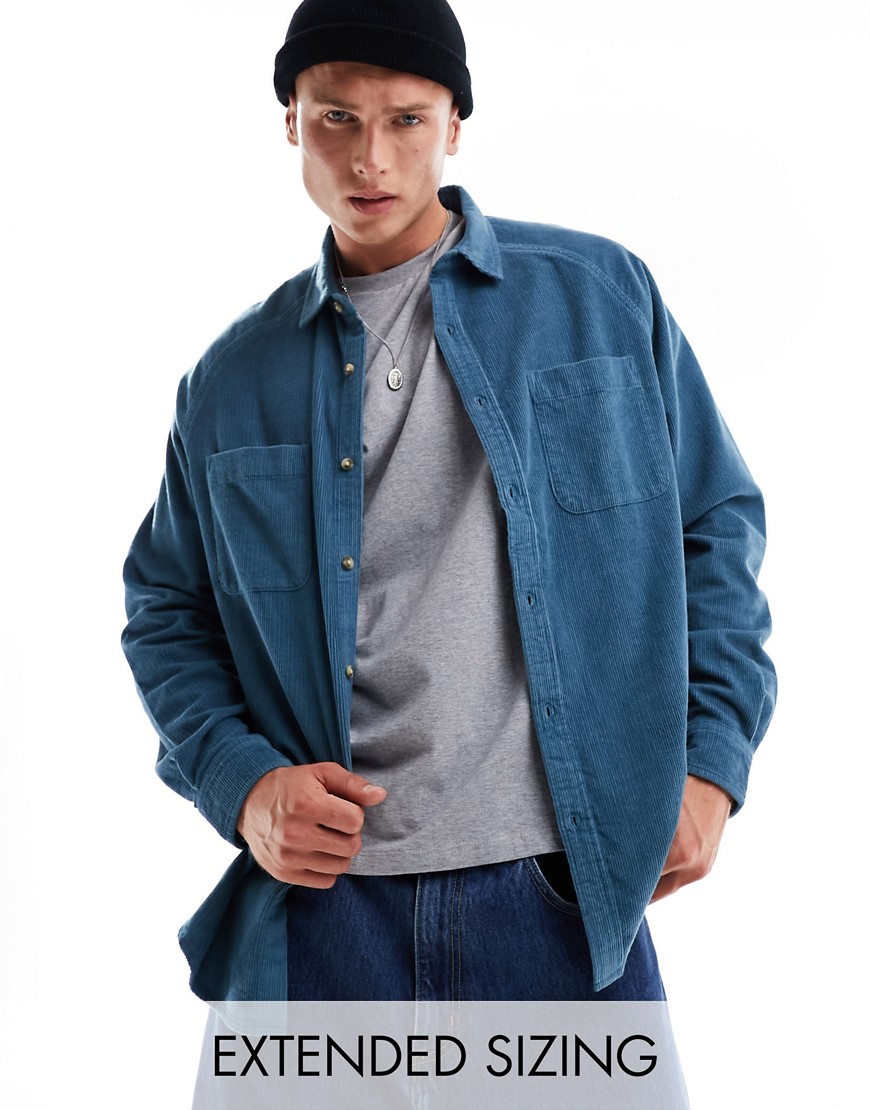 ASOS DESIGN 90's oversized raglan sleeve cord shirt in blue