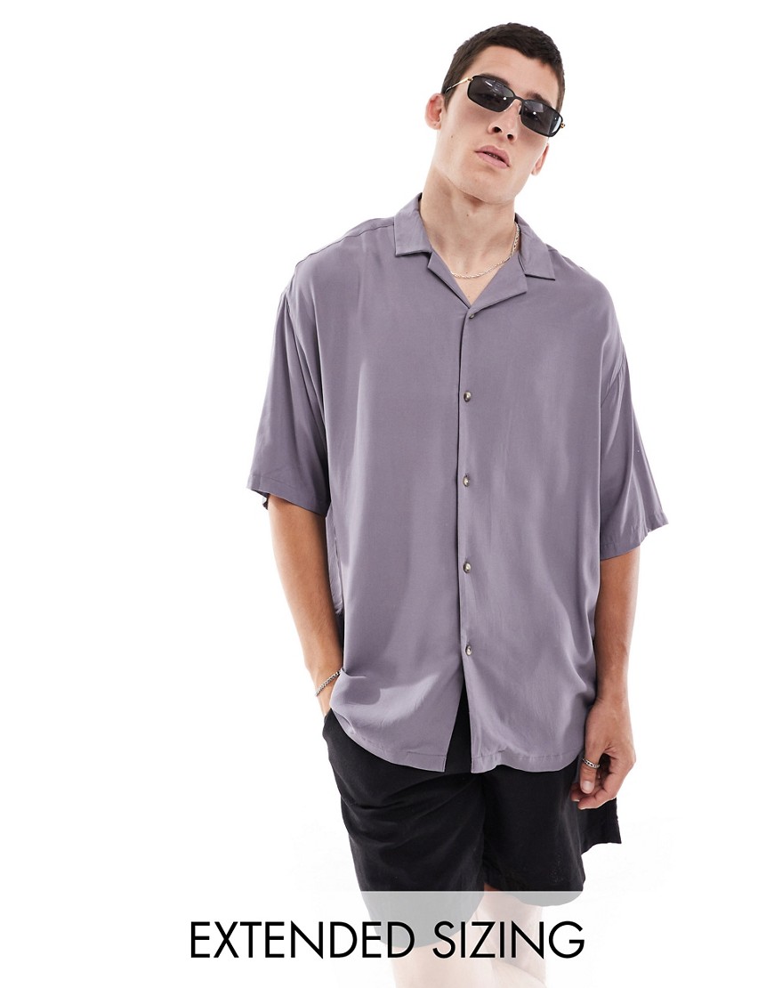 Asos Design 90s Oversized Revere Collar Viscose Shirt In Slate Gray