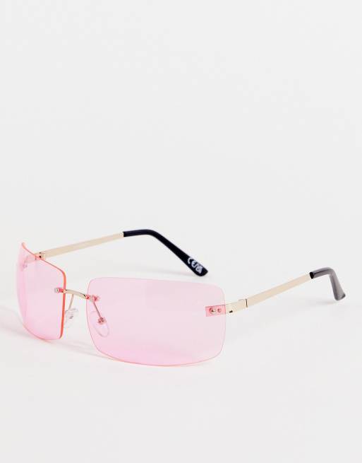 Asos Design 90s Oversized Rimless Wrap Sunglasses In Pink Asos 