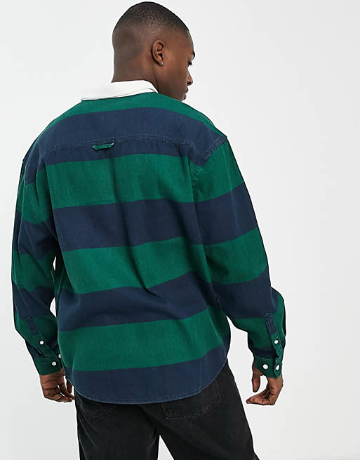 90s oversized rugby shirt in stripe with chest print 