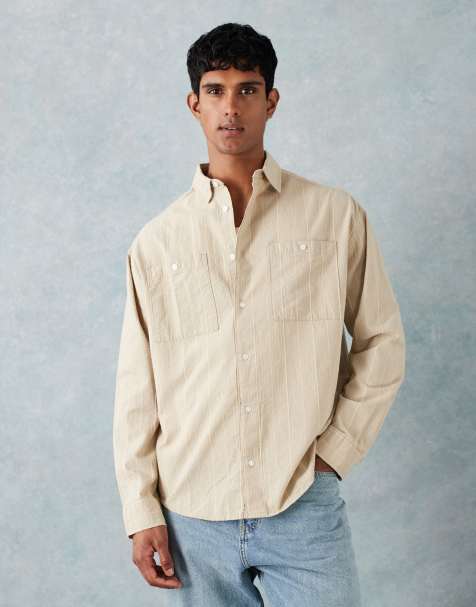 ASOS DESIGN 90s oversized seersucker stripe shirt in beige - view 1